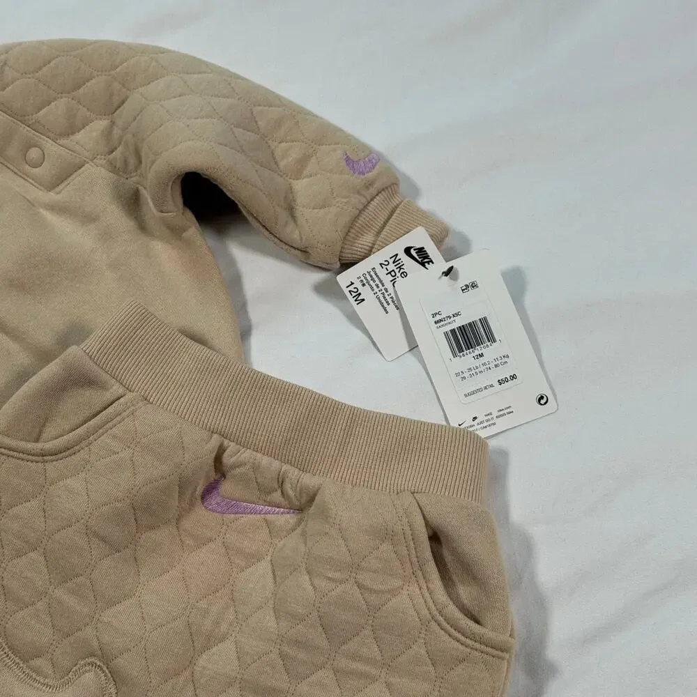 NWT Nike baby two piece sweat set beige and pink size 12M